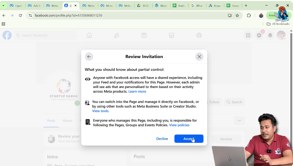 Accepting Facebook Page admin request from invitation screen