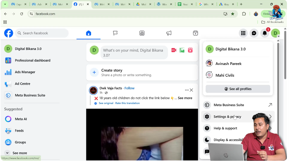 Facebook page menu showing the Settings and Privacy option selected.