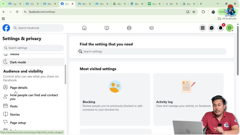 Accessing Facebook page settings dashboard