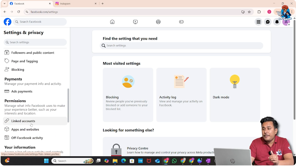 Linked accounts option in Facebook page settings menu