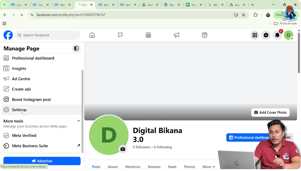 Accessing Facebook page settings from the page profile dashboard