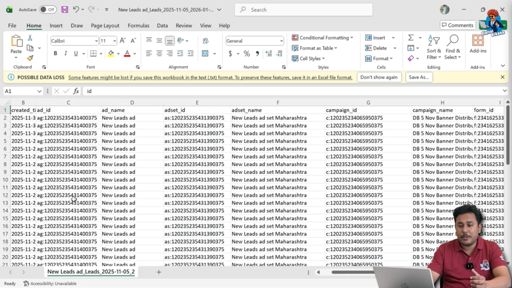 Facebook ad creative name and ID visible in Excel lead data