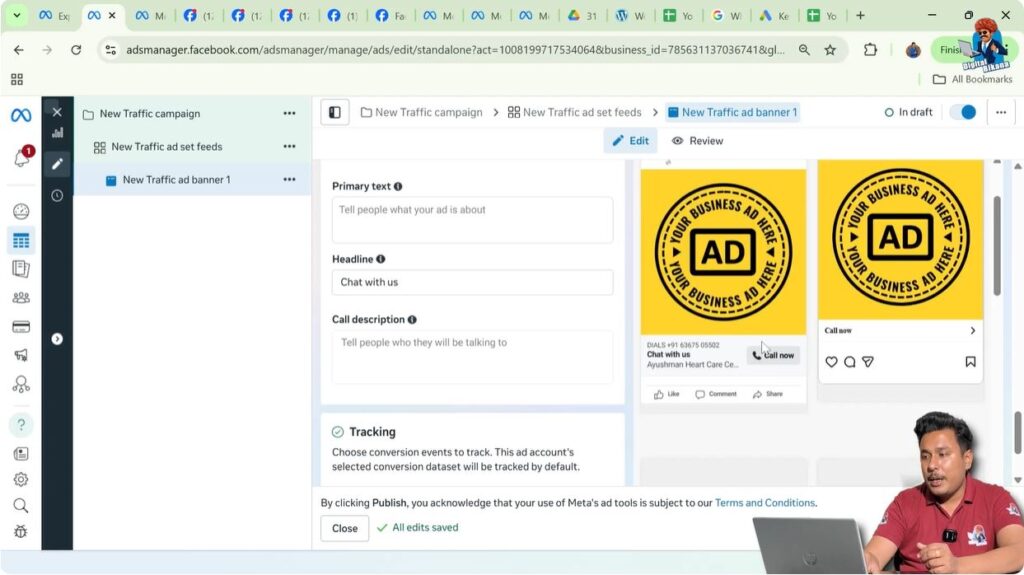 Facebook ad creative preview showing sponsored label image headline and CTA