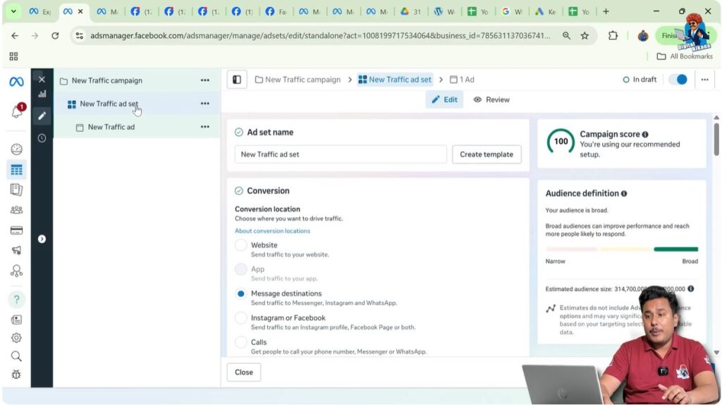 Ad set level highlighted in Meta Ads Manager campaign structure