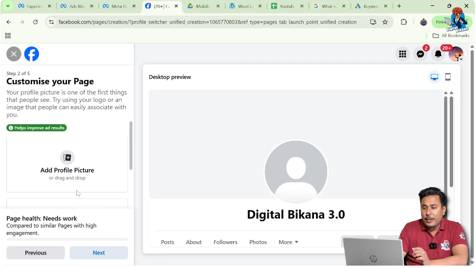 Uploading profile picture during Facebook page creation