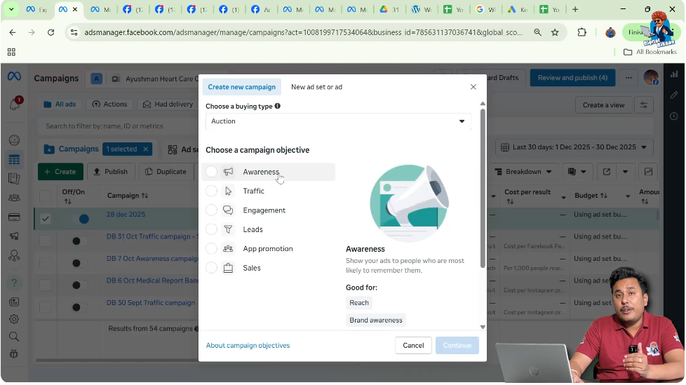 Meta awareness campaign objective selection screen