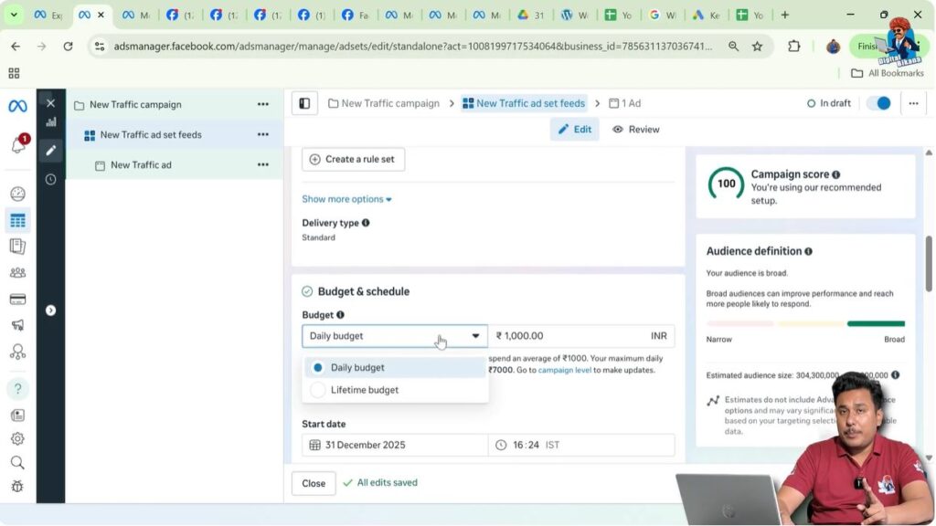 Budget and schedule options available in Meta ad set