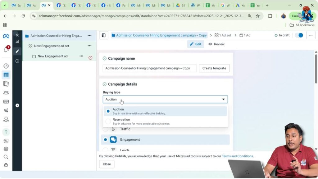 Buying type options auction and reservation in Meta Ads campaign
