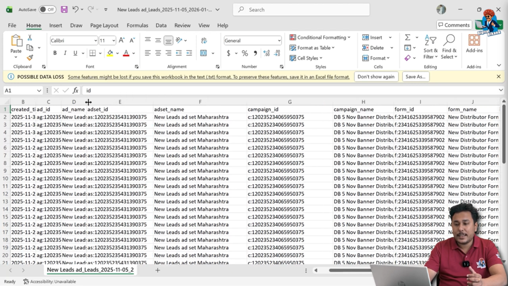 Facebook campaign and ad set details shown in lead report