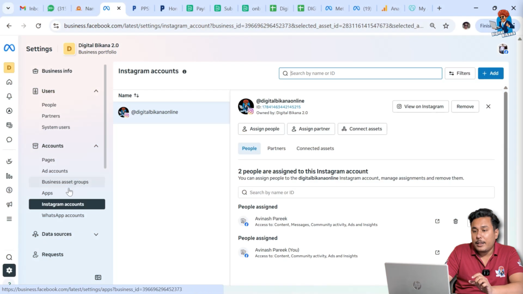 Instagram account connected and visible inside Meta Business Suite settings