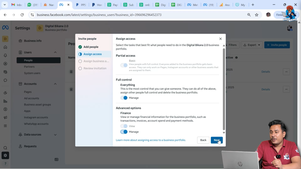 Selecting full or partial access level for Facebook Business Portfolio