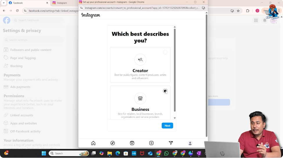 Selecting business account type while connecting Instagram to Facebook