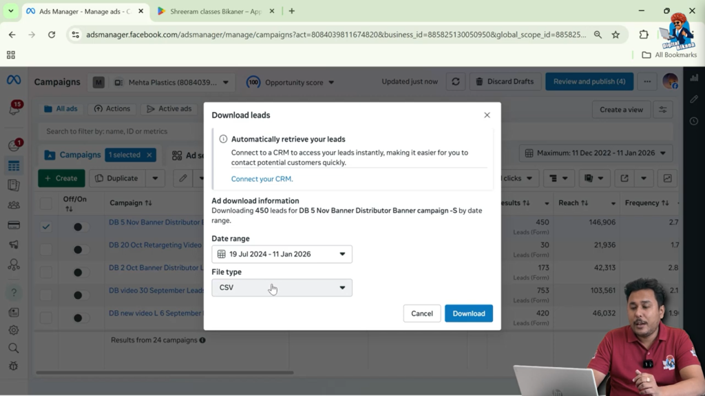 Facebook lead export option showing CSV file format selection