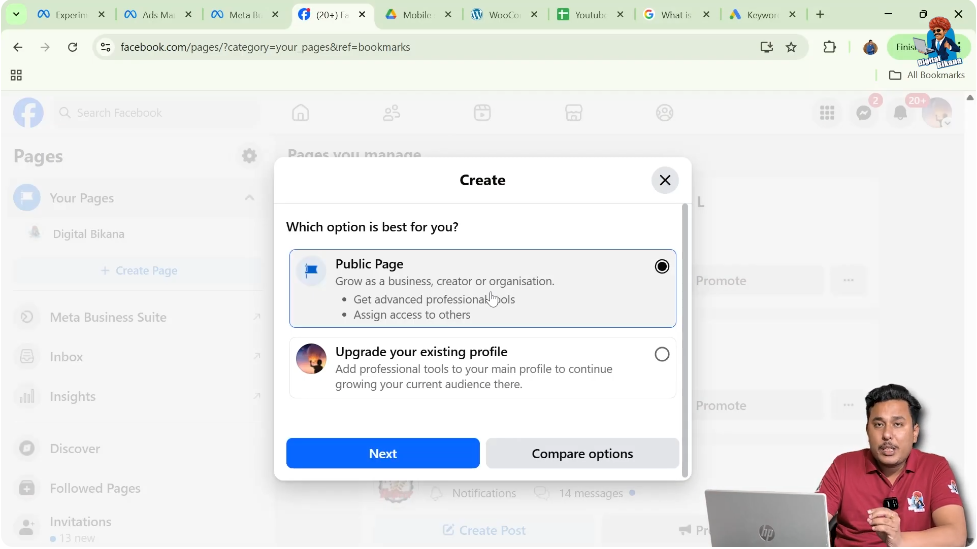Facebook page creation screen showing public page and profile upgrade options