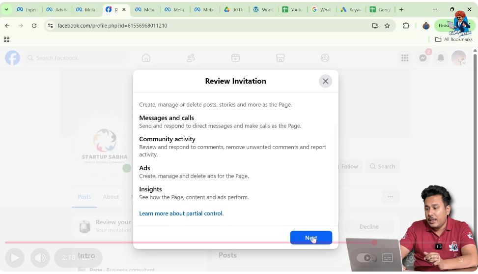Confirming Facebook Page admin request by clicking next and accept
