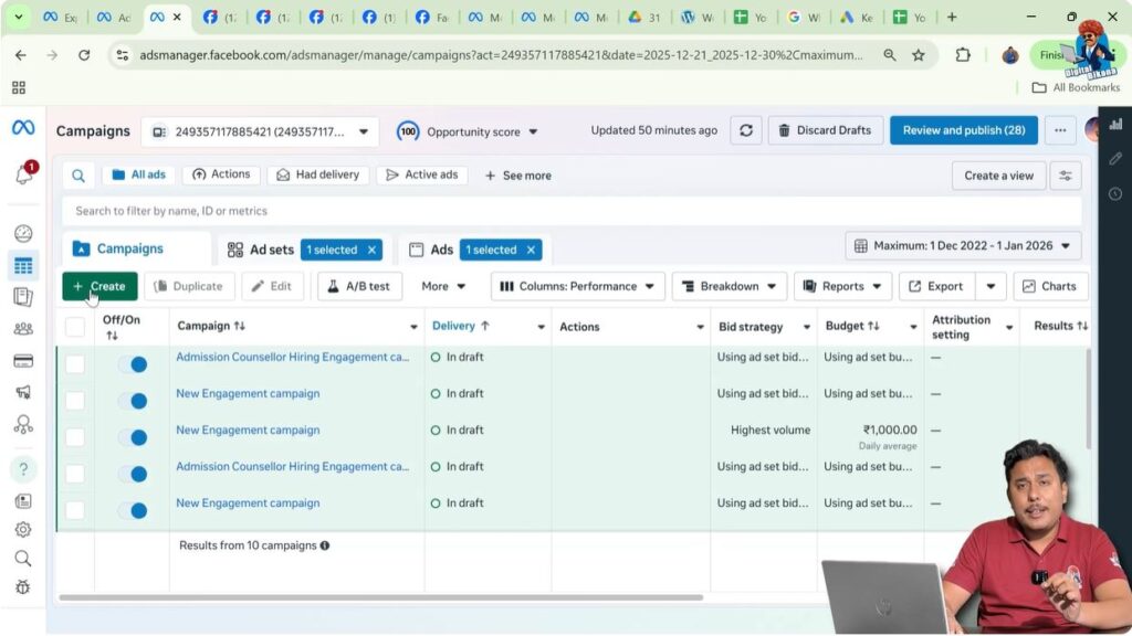 Clicking create button in Meta Ads Manager to start new campaign