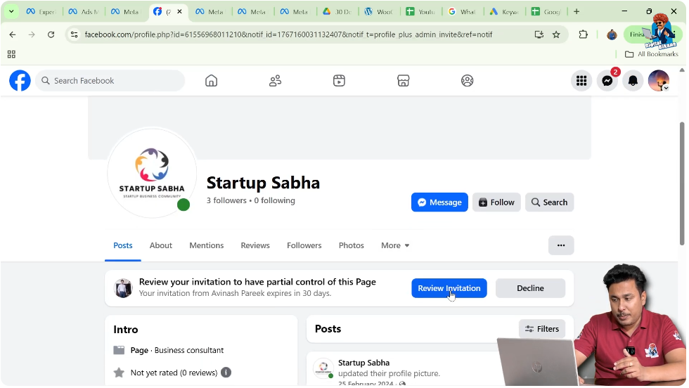 Clicking review invitation button for Facebook Page admin access
