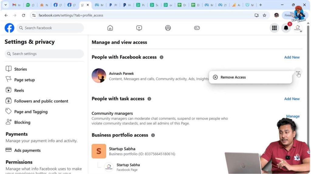 Clicking three dots menu next to admin name on Facebook Page
