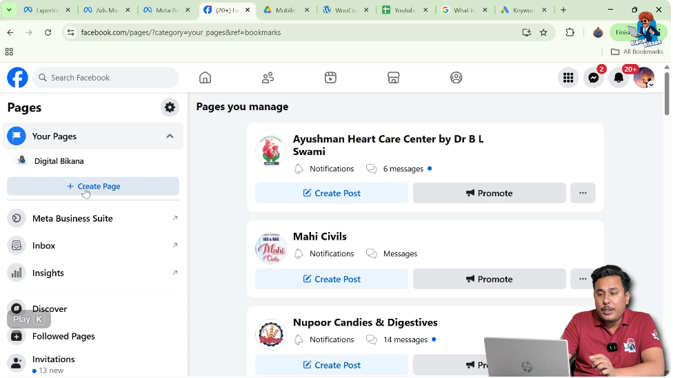 Facebook Pages section with Create Page button visible