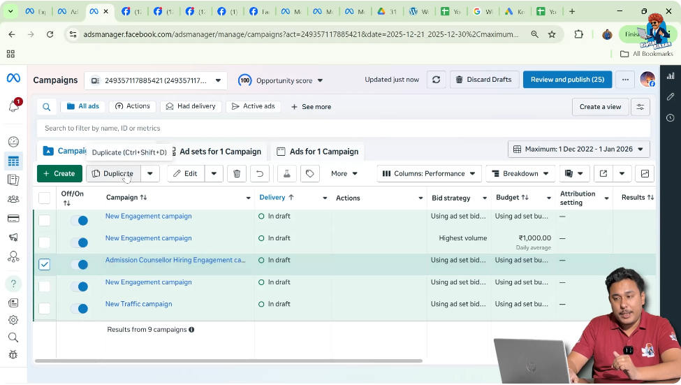 Clicking duplicate option in Meta Ads Manager campaign actions