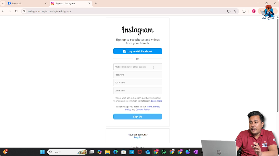 Instagram homepage showing sign up option for creating a new account