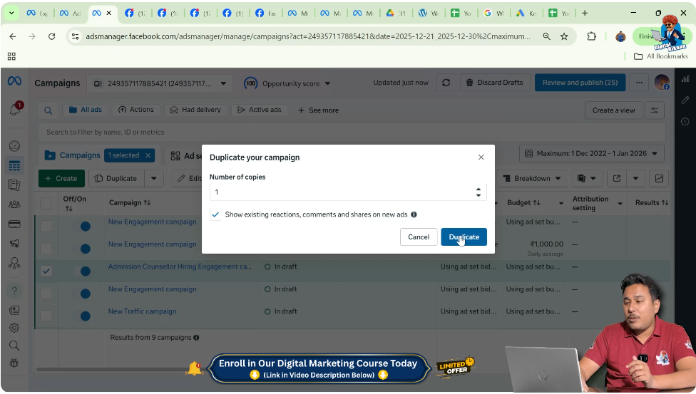 Confirming duplicate action for Meta ad campaign