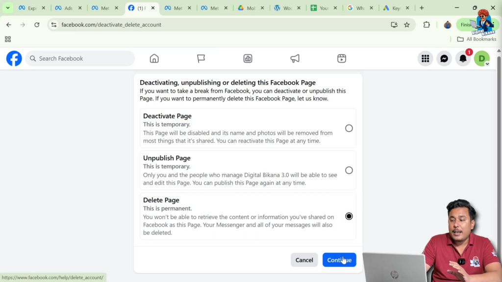 Confirming Facebook page permanent deletion process