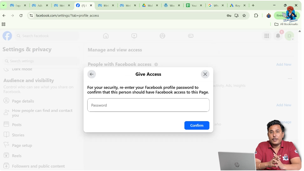 Entering Facebook password to confirm admin access request