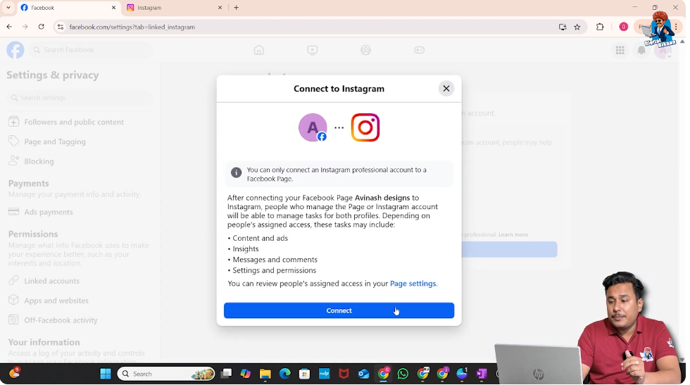 Connecting Instagram account with Facebook page