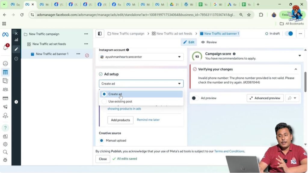 Create ad option selected for uploading new image or video in Facebook ads