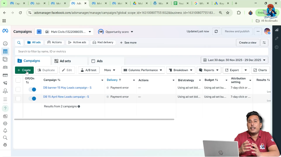 Create button in Meta Ads Manager for launching ad campaigns