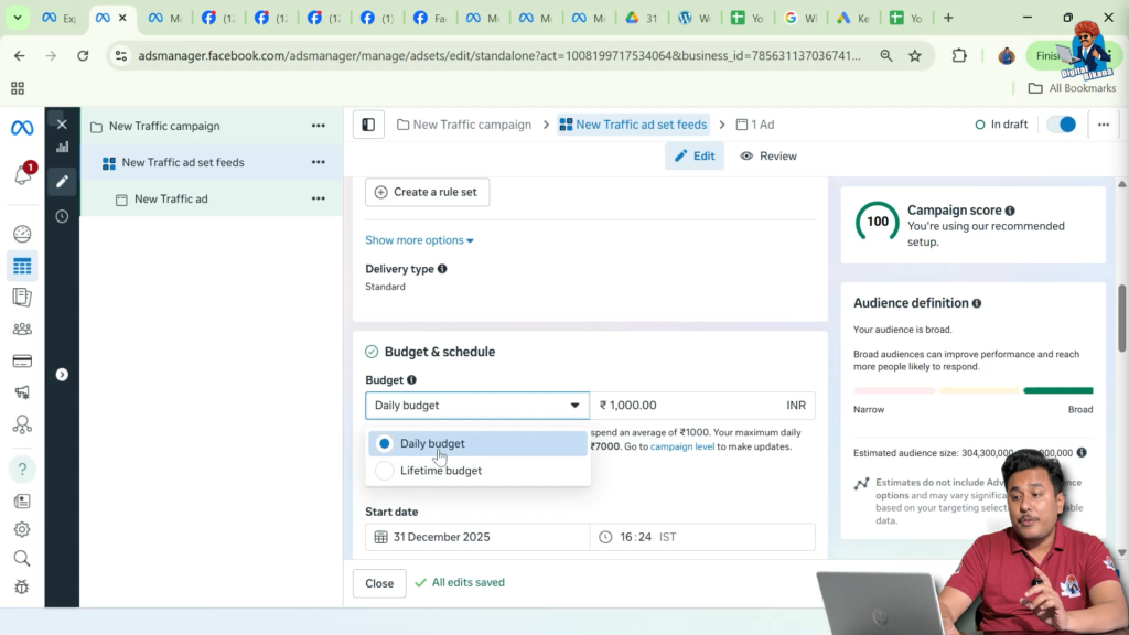 Meta ad set running without end date using daily budget