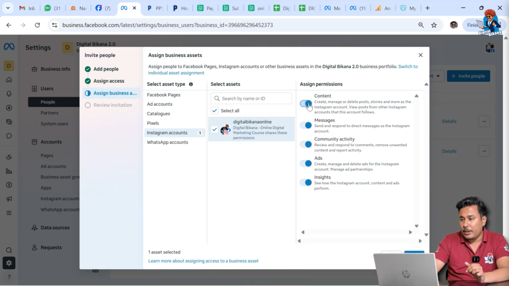 Turning on Instagram account permissions for invited user
