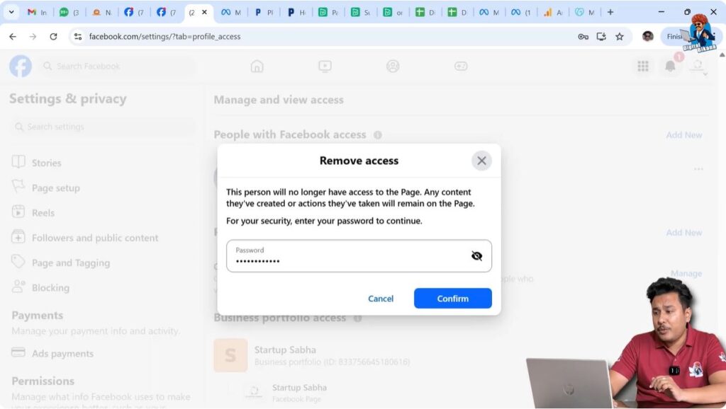 Entering Facebook password to confirm admin removal