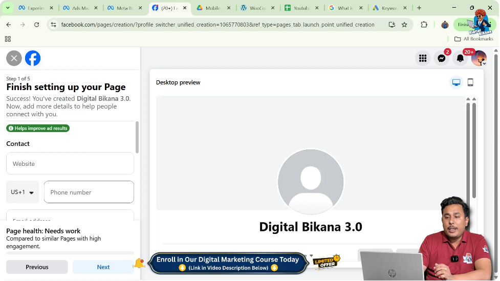 Facebook page contact details form including website and phone number