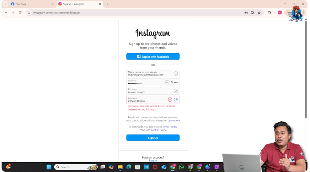 Instagram sign up form displaying full name and username input fields