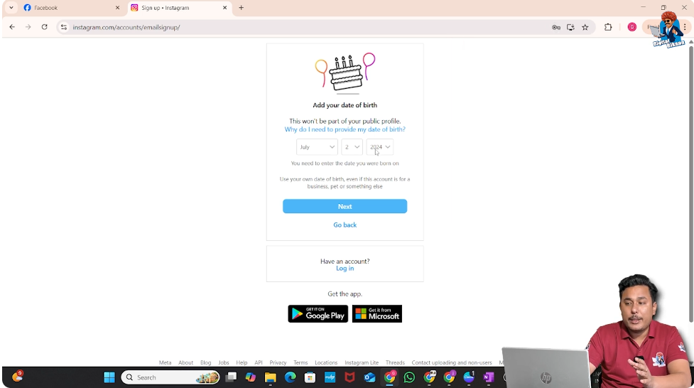Instagram date of birth selection screen during account creation