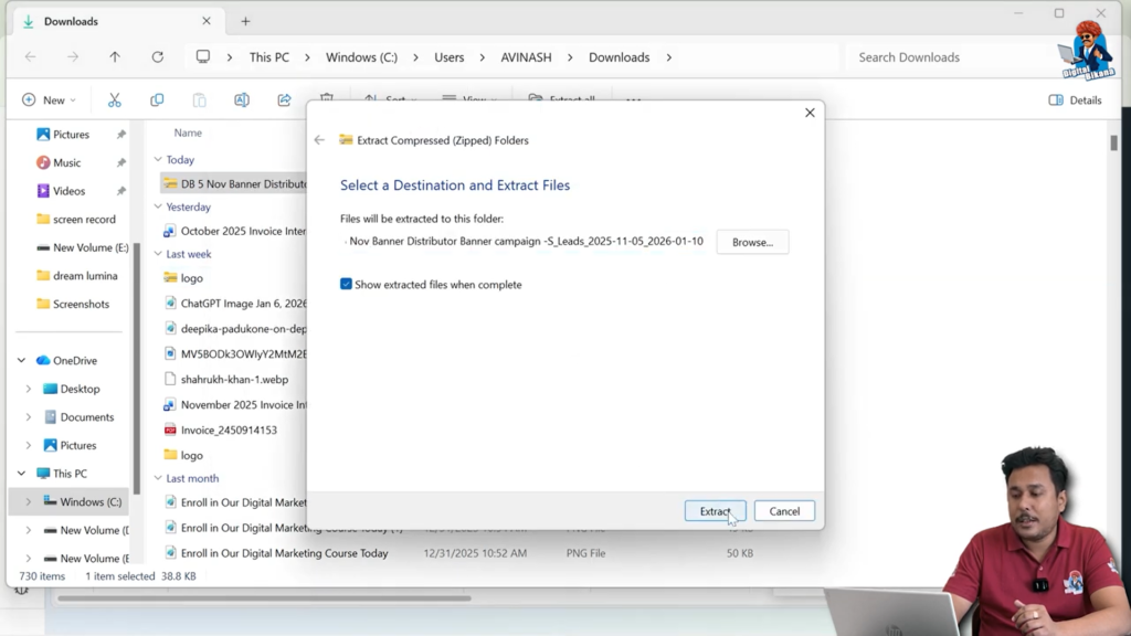 Extracting downloaded Facebook leads ZIP file on computer