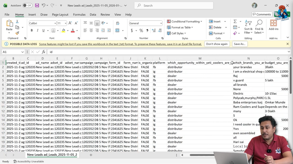 Facebook lead form responses displayed in Excel sheet