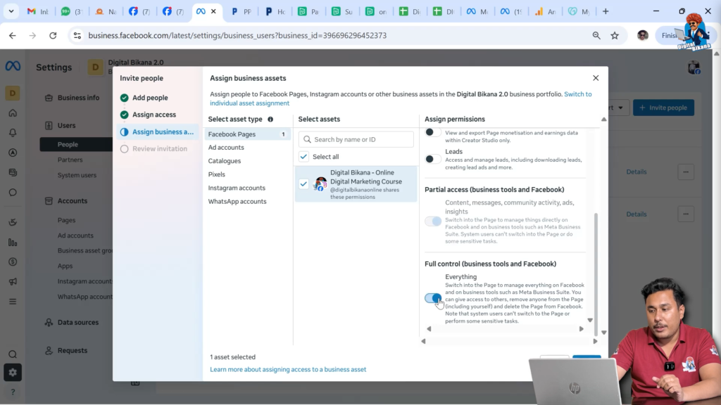 Granting full control Facebook Page access to invited user