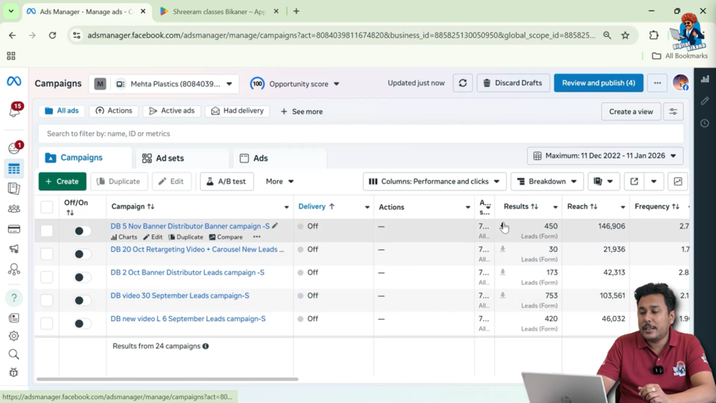 Facebook Ads Manager campaign list showing number of leads generated