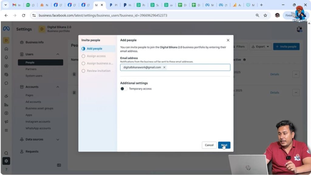 Inviting a person by email to give Facebook ad account access