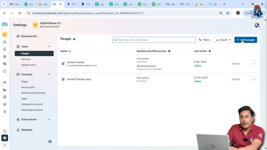 Invite people option in Meta Business Suite to add new user by email