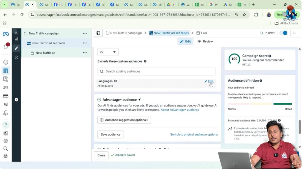 Language selection option in Meta ad set targeting