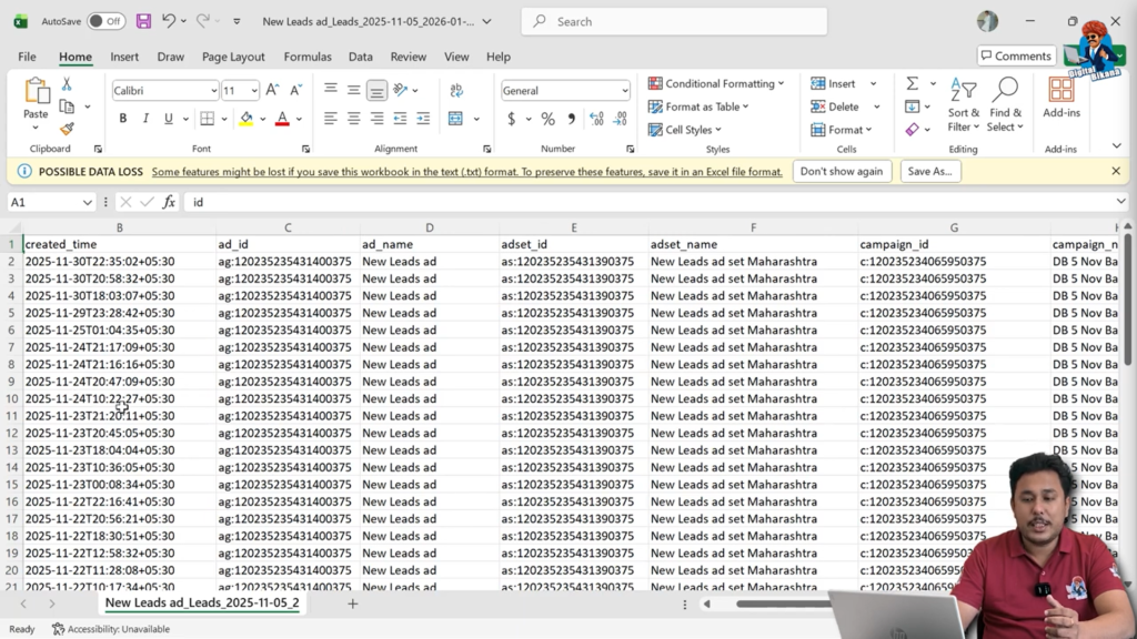 Facebook lead creation date and time column in Excel sheet