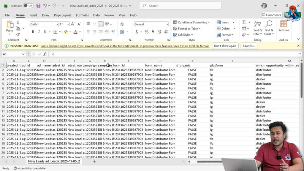 Facebook lead form name and form ID details in Excel