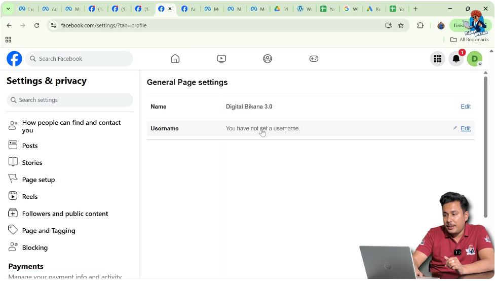 Facebook Page username field for changing page URL