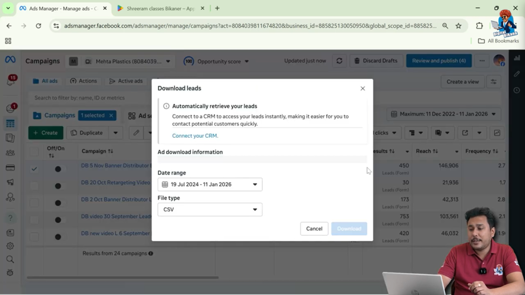 Facebook Ads Manager download leads icon highlighted