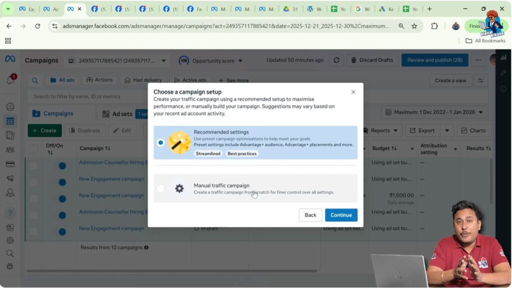 Manual campaign option selected in Meta Ads Manager