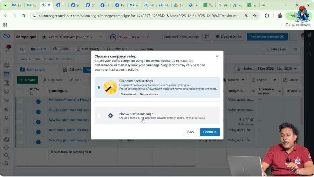 Manual campaign and Advantage Plus campaign options in Meta Ads